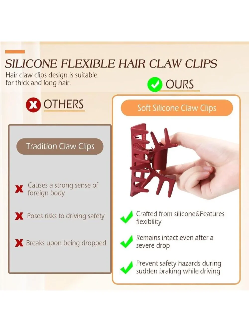 4 Pcs Flexible Claw Hair Clips - Soft, Non-Slip Hold for All Hair Types, Brown